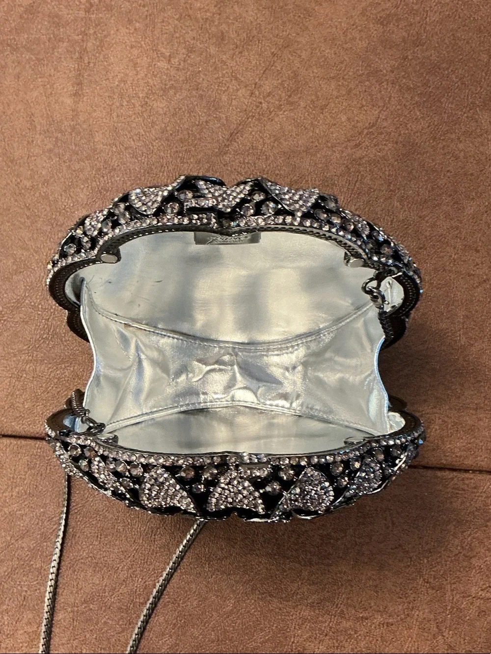 NWT Off Park Collection Designer Gun Metal Crystal Flower Evening Bag Clutch 6”